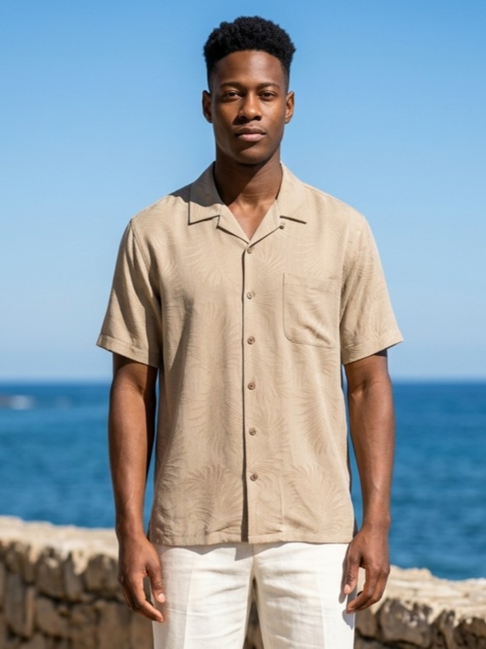 Y2K Tasso Elba Men's Camp Shirt Beige Tonal Leaf Print XL 100% Silk NWT